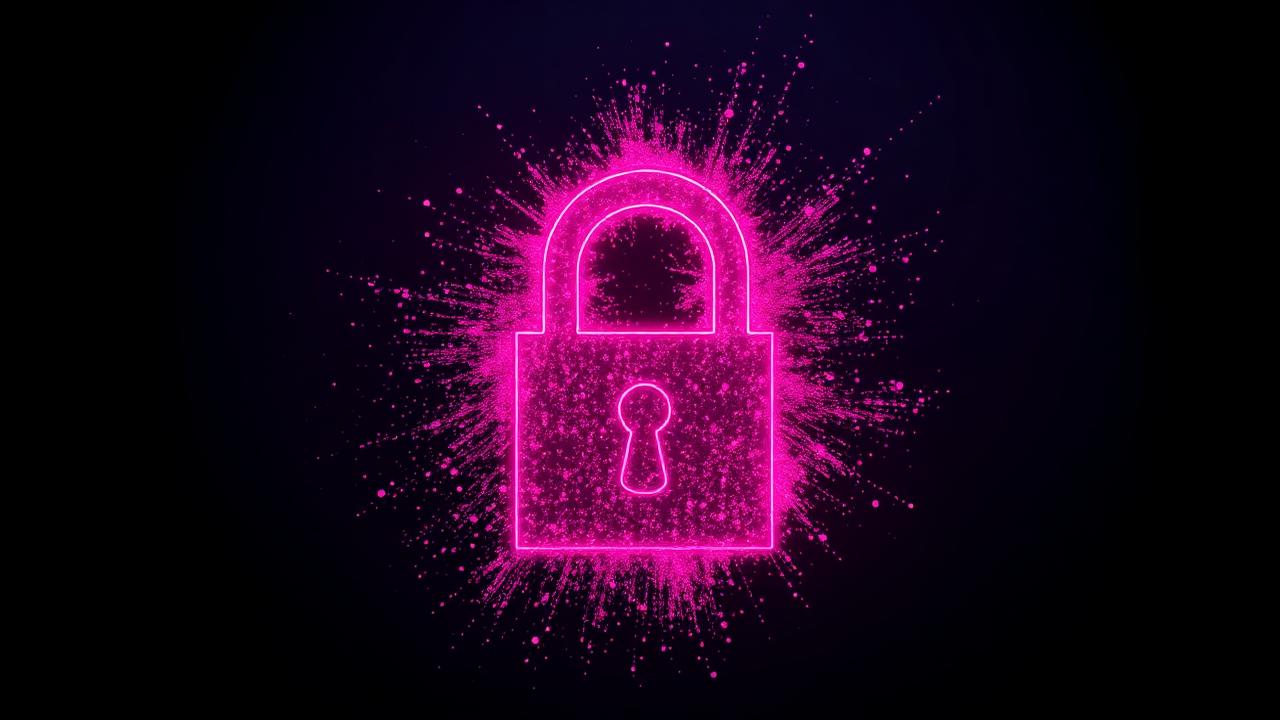 Glanzend neon roze hangslot dat oplost in lichtdeeltjes tegen een donkere achtergrond