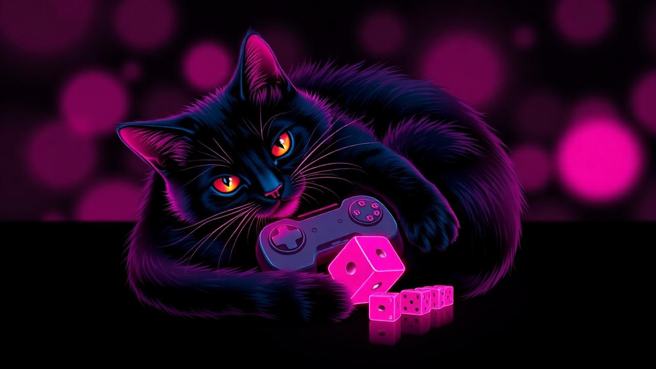 Speelse kat met neon gaming controller en dobbelstenen in magenta en roze