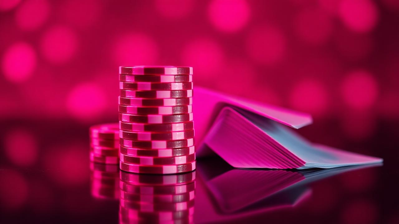Stapel magenta casino chips en speelkaarten op een reflecterend oppervlak in roze bokeh