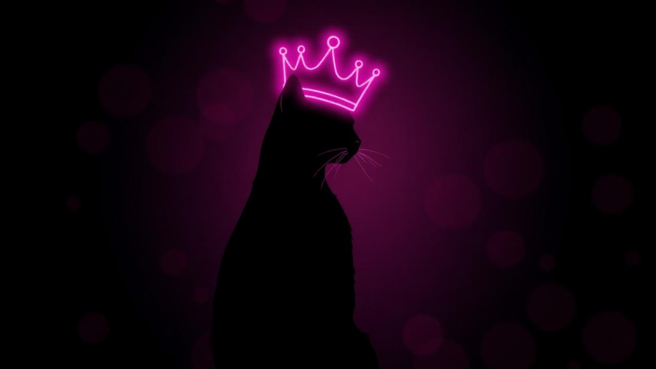 Silhouet van een kat met een neon roze gloeiende kroon tegen een diepe zwarte achtergrond