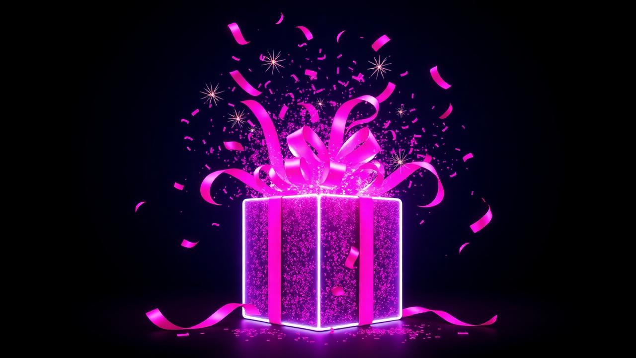 Glanzende neon roze cadeaubox met magenta confetti tegen een donkere achtergrond