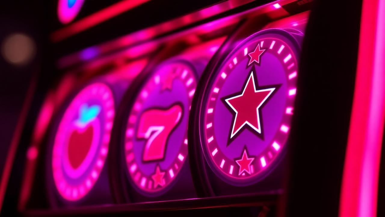 Close up van neon roze en magenta slot reels met kers en sterrenymbolen